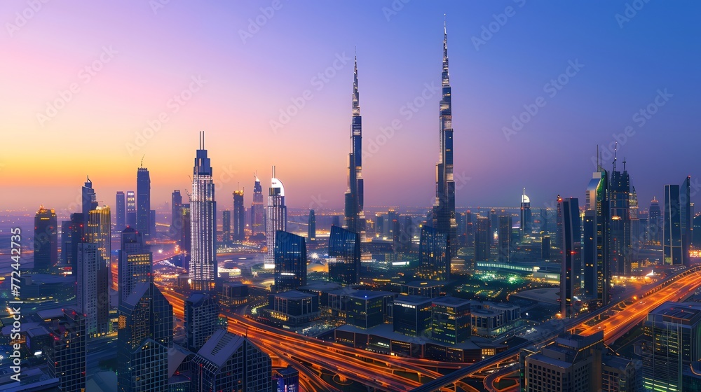 Obraz premium Bustling cityscape dominated by towering skyscrapers in the vibrant skyline AI Image