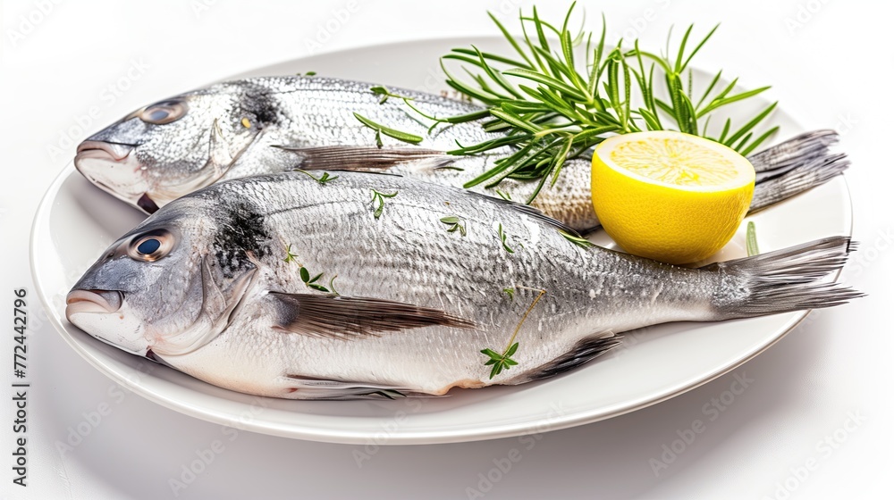 sea fresh fish in a plate banner, with premium white background as photorealistic.