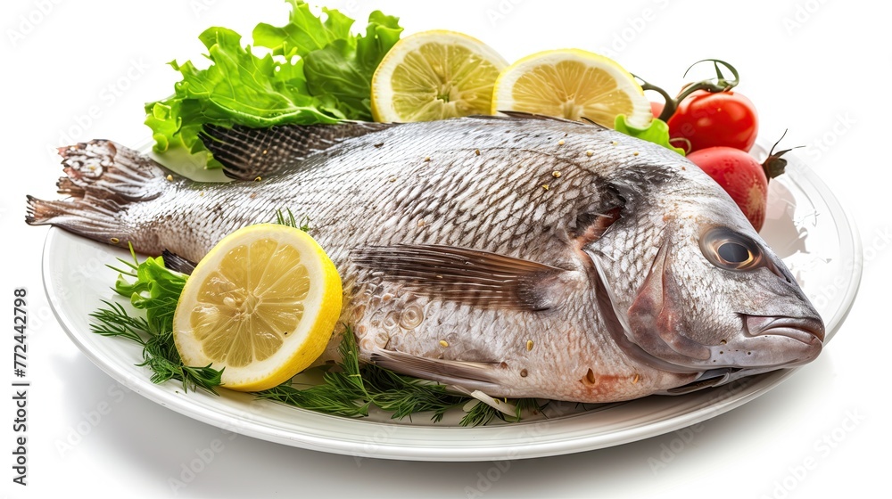 sea fresh fish in a plate banner, with premium white background as photorealistic.
