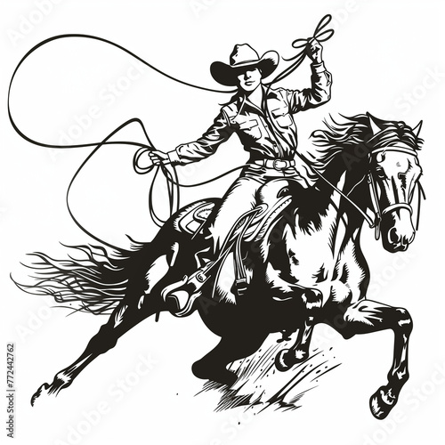 cowgirl riding a horse and roping in illustration on a white background