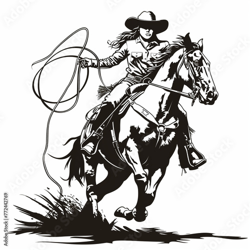 cowgirl riding a horse and roping in illustration on a white background