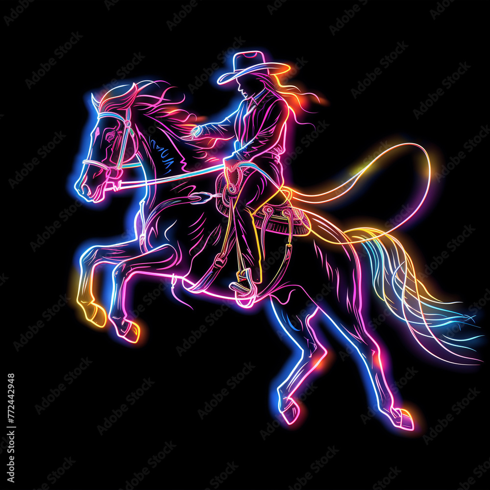 cowgirl riding a horse in neon colors illustration on a black background