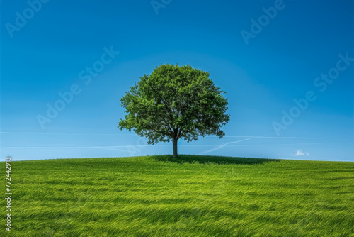 A single tree stands in the center of a lush green field, under a clear blue sky