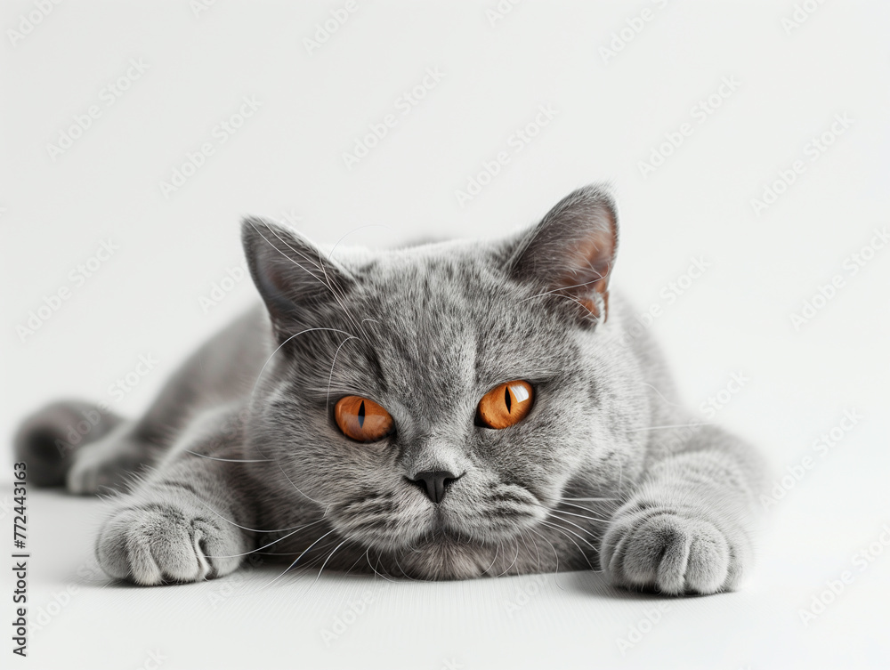 A British Shorthair cat with its chubby cheeks, studio white backdrop A British Shorthair cat with its chubby cheeks, studio white backdrop