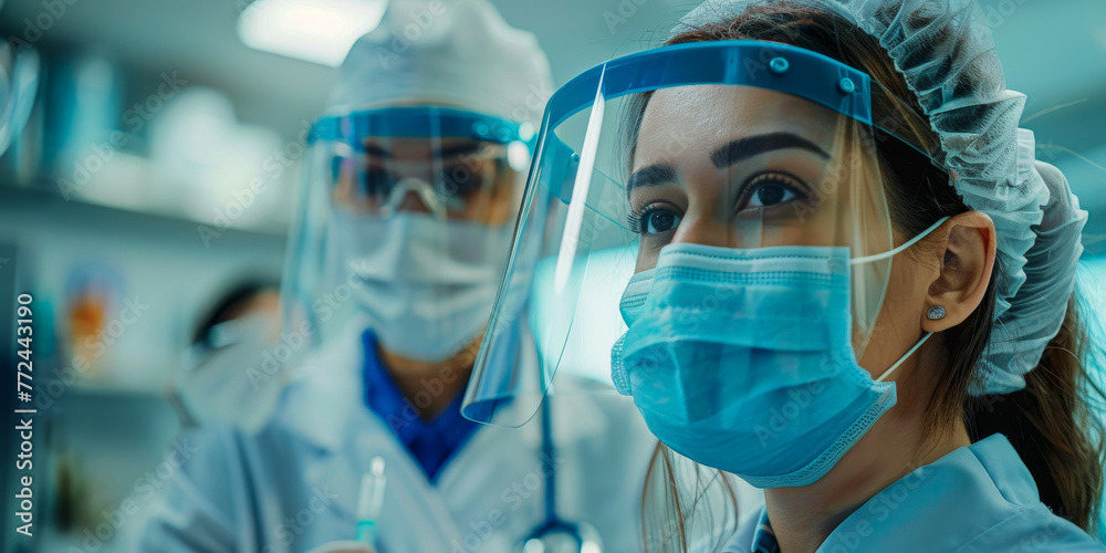 Healthcare professionals in PPE focus intently on a task Healthcare professionals in PPE focus intently on a task