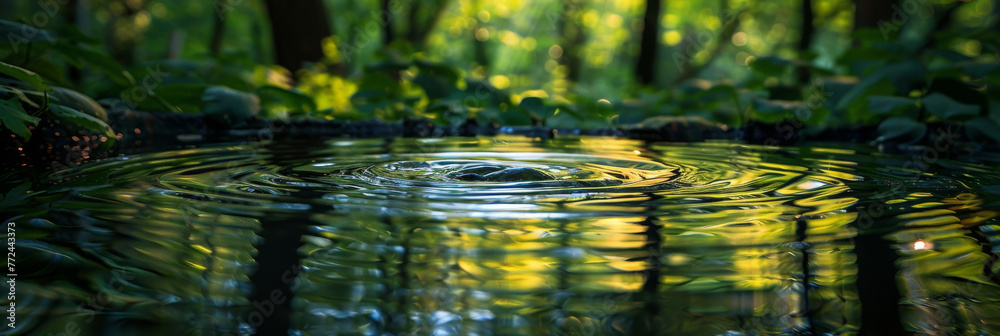 A serene water ripple reflects the tranquil atmosphere of a lush forest A serene water ripple reflects the tranquil atmosphere of a lush forest