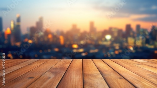 The empty wooden table top with blur background of sky lounge on rooftop with cityscape view. Exuberant image. generative AI © Summit Art Creations
