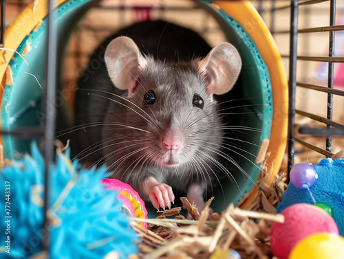 A curious rat peering out from the cozy corner of its cage filled with toys and tunnels, showcasing its intelligence and playful nature