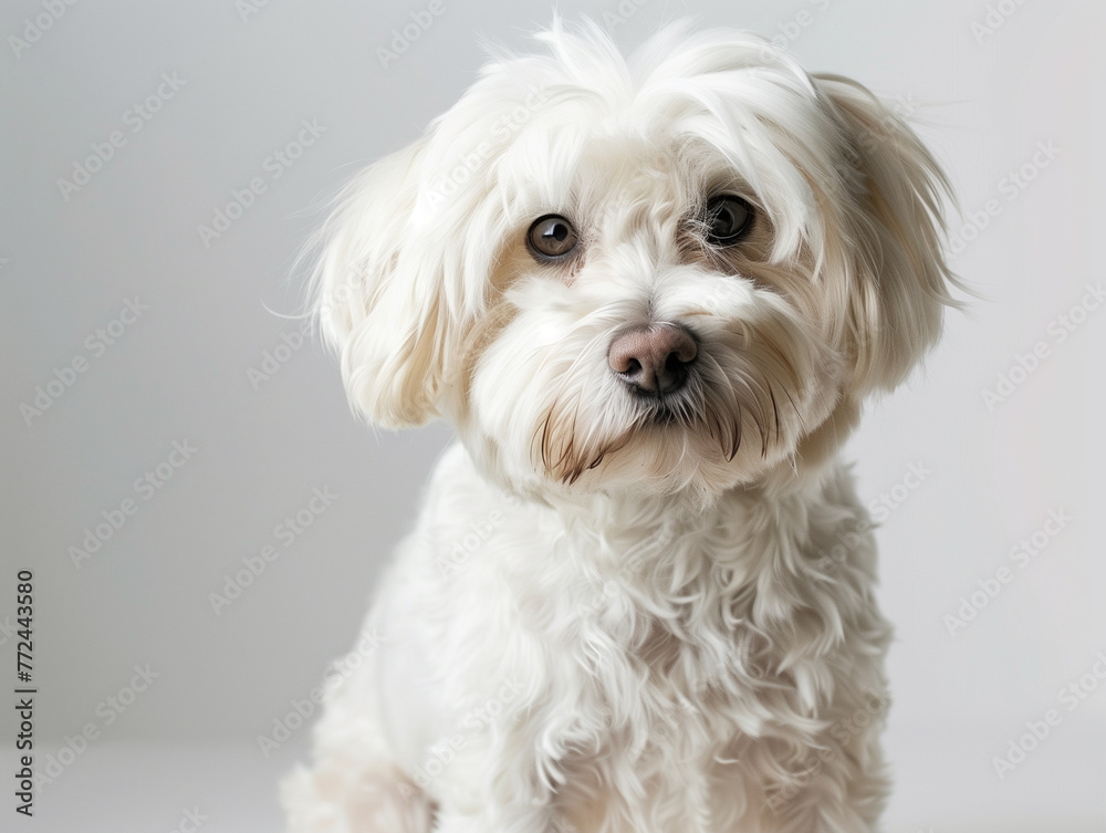 A Maltese Bichon, white and silky, white studio backdrop A Maltese Bichon, white and silky, white studio backdrop