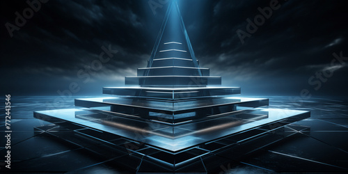 Futuristic dark podium with light and reflection background Generative AI
