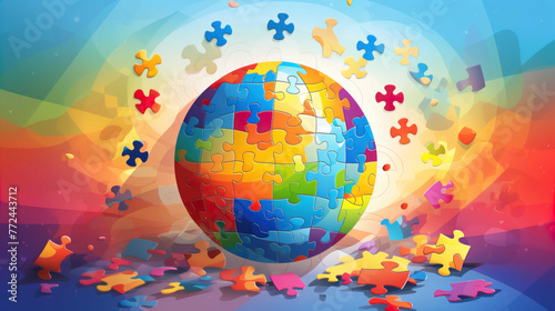 illustration of a colorful puzzle arrangement forming a heart, commemorating world autism day , Generate AI © VinaAmeliaGRPHIC