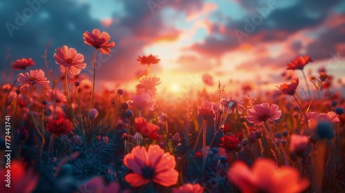 Sun Setting Over Field of Daisies