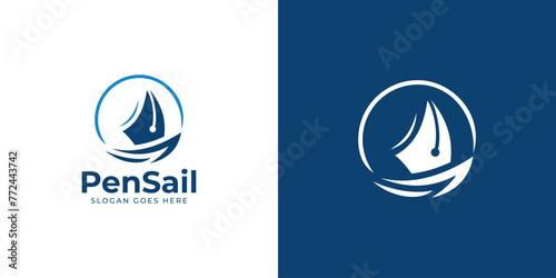 Creative Pen Sail Logo. Sail Boat, Ship and Pen, Pencil with Minimalist Style. Education or Writer Logo Icon Symbol Vector Design Inspiration.