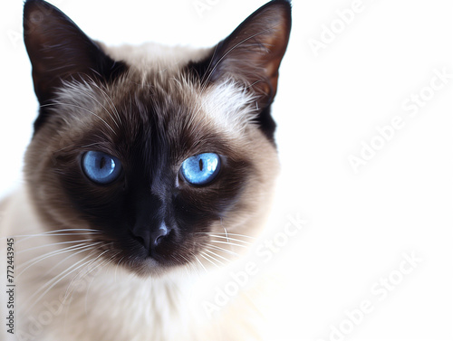 A Siamese cat showcasing its striking blue eyes, studio white backdrop