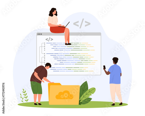 Development of software code and mobile app. Tiny professional programmers and coders work, people write program in computer language, group of backend developers coding cartoon vector illustration