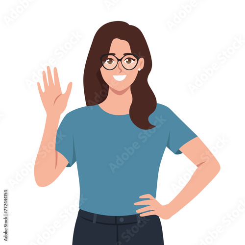 Woman Waving Hand say hi or hello. Flat vector illustration isolated on white background
