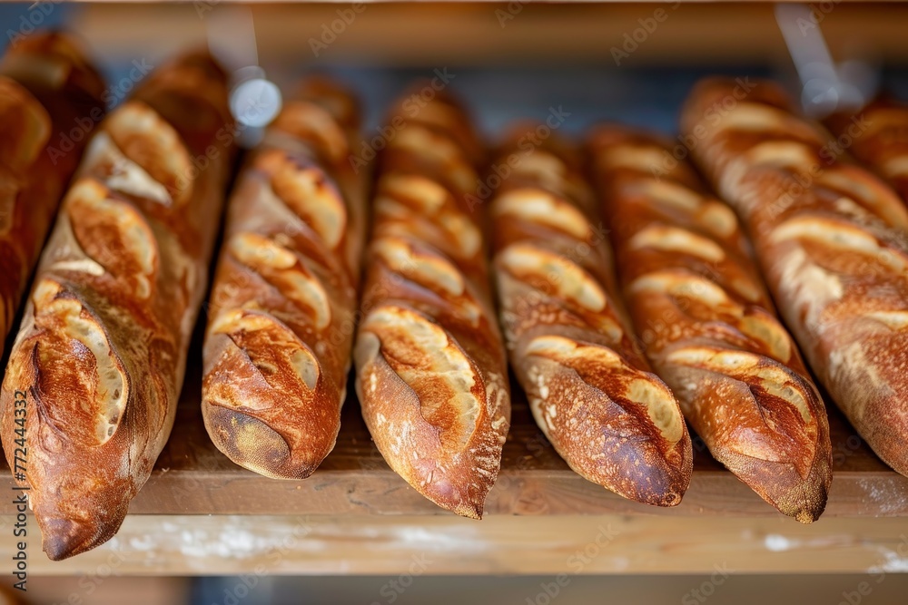Golden Perfection: Freshly Baked Baguettes on Display Golden Perfection: Freshly Baked Baguettes on Display