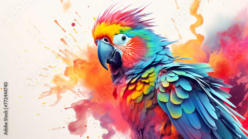 illustration of a parrot with a long tail and colorful feathers, flying  Generate AI © VinaAmeliaGRPHIC