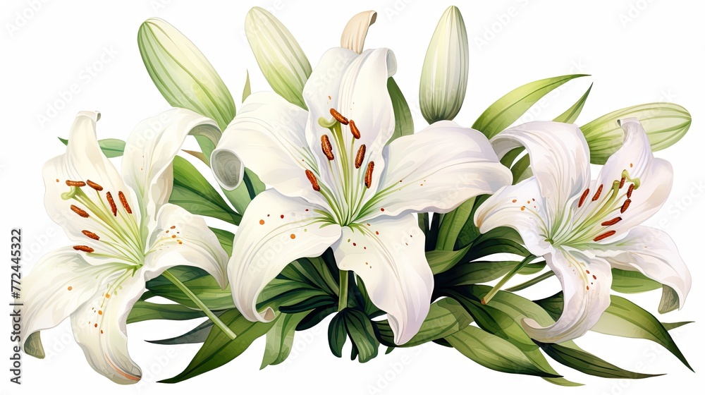 Elegant Watercolor Lily Bouquet with Graceful White Petals and Vibrant Green Foliage