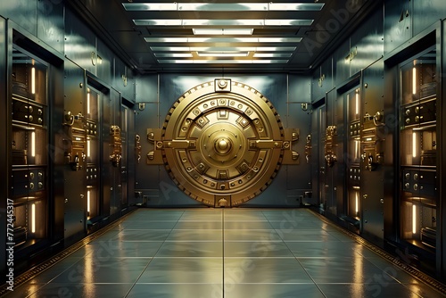 bank vault with a vault door in the background.