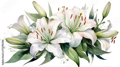 Elegant Watercolor White Lily Floral Bouquet with Lush Green Foliage and Soft Petals