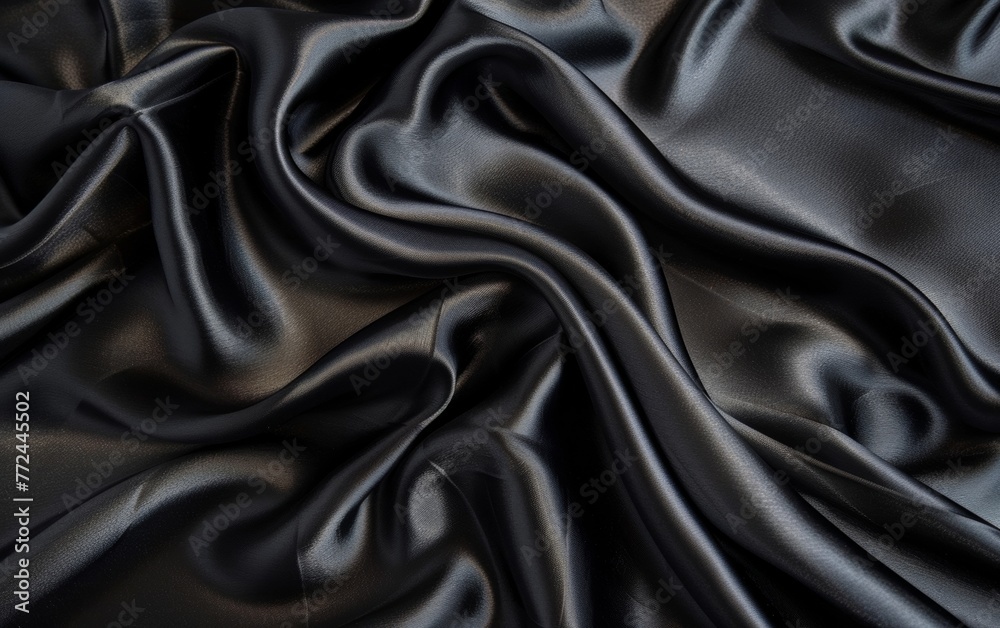 Dramatic folds and ripples of inky black satin fabric, exuding a sleek and mysterious allure with the shimmering textile. Dramatic folds and ripples of inky black satin fabric, exuding a sleek and mysterious allure with the shimmering textile.