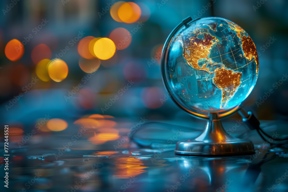 Illuminated globe with a wireframe design on a reflective surface, showcasing connectivity in a dark setting Illuminated globe with a wireframe design on a reflective surface, showcasing connectivity in a dark setting
