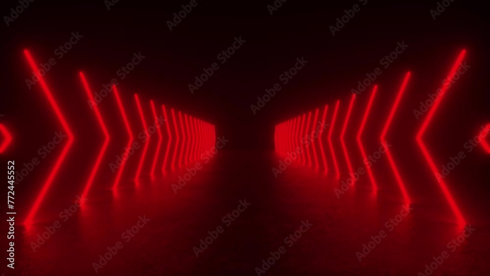 Explore a tunnel illuminated by red neon lights, creating a futuristic and mesmerizing environment with glowing reflections.