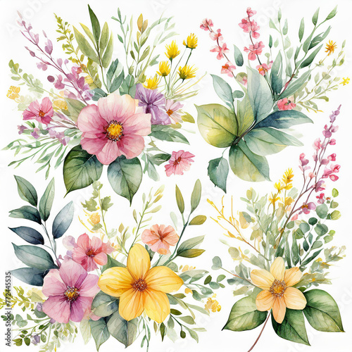 Set watercolor arrangements with garden flowers. bouquets with pink, yellow wildflowers, leaves.