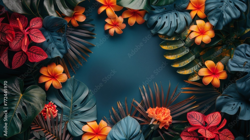 Blue Background With Orange and Red Flowers