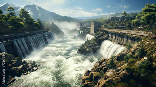 Hydroelectric Power Generation: A dam with rushing water, highlighting the production of clean energy through hydroelectric power generation.