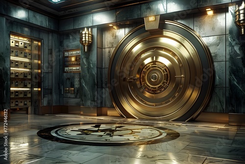 bank vault with a vault door in the background.
