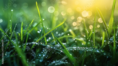 Dew-Covered Grass With Sun Shining Background