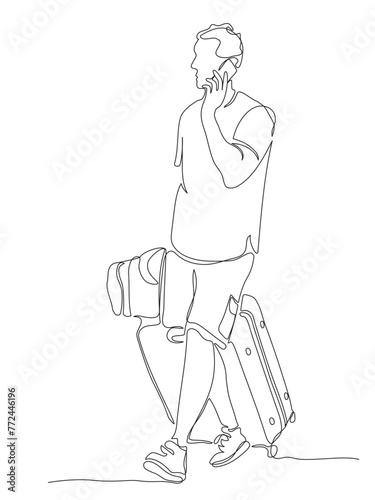 Man with suitcase and bag walking and talking on the phone. Tourism season. Continuous line drawing. Black and white vector illustration in line art style.