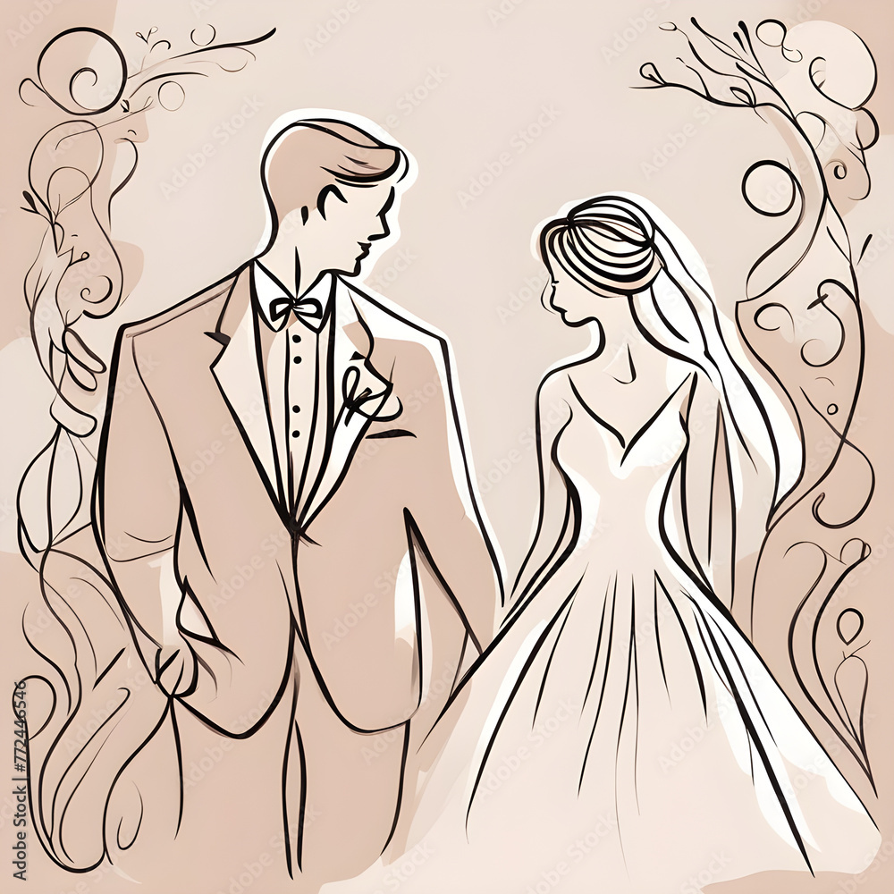 Line art of a bride and a groom at their wedding.
