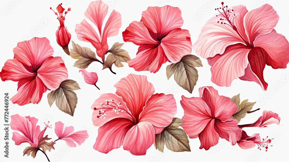 Vibrant Watercolor Hibiscus Blooms in Shades of Red and Pink with Tropical Foliage