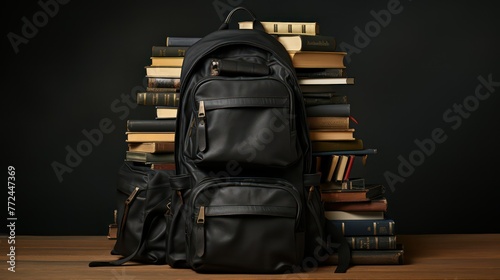 Black backpack with books on a wooden table. Back to school. photo