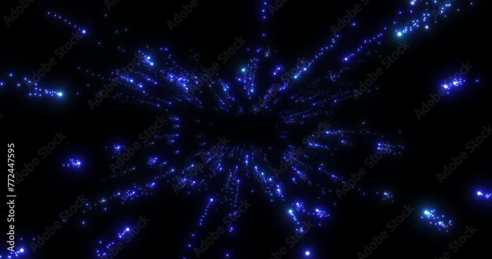 An abstract rectangular tunnel formed by flying blue particles that leave a trail behind them. Black background. An abstract rectangular tunnel formed by flying blue particles that leave a trail behind them. Black background.
