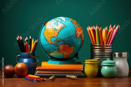 Globe and school supplies on wooden table. Back to school concept