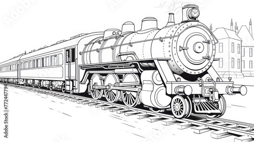 Antique Railroad Drawing to Color: Painted Locomotive, Black and White Sketch Capturing the Steam Power Era.