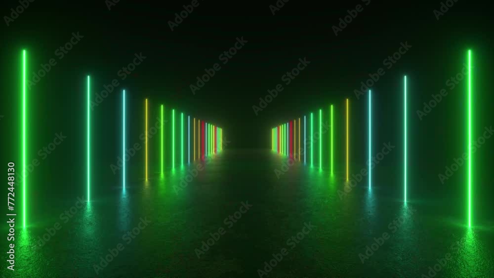 Experience a tunnel of neon multicolored lights glowing in a dark room ...