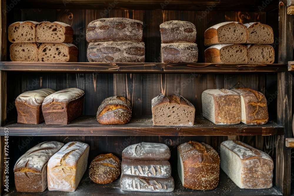 Artisanal Array: Variety of Rye Bread Loaves on Rustic Shelves