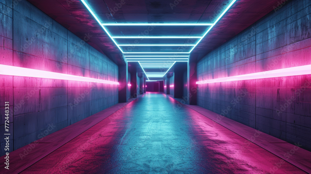 Futuristic neon tunnel background, dark concrete garage with lines of led light, interior of modern hall. Concept of hallway, room, perspective, technology, building