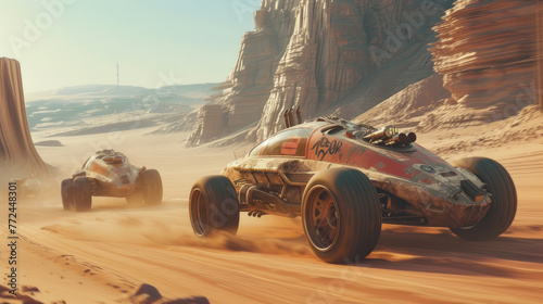 Vintage car race on space planet like Mars, futuristic old rovers drive on desert, fantastic movie scene with retro sports vehicles. Concept of dystopia, steampunk and future photo