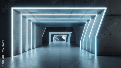 Futuristic concrete tunnel background, perspective of dark garage with lines of white led light, interior of modern hall or warehouse. Concept of studio, room, industry photo