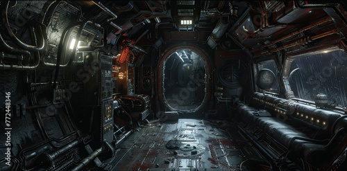 Dark scary corridor in futuristic spaceship, creepy interior of alien spacecraft like in sci-fi horror movie. Concept of future, space, industrial room, fantasy, spooky photo