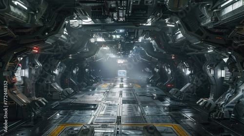 Dark metal corridor with equipment in futuristic spaceship, interior of spacecraft like in sci-fi movie. Concept of future, space, industrial room, fantasy, horror