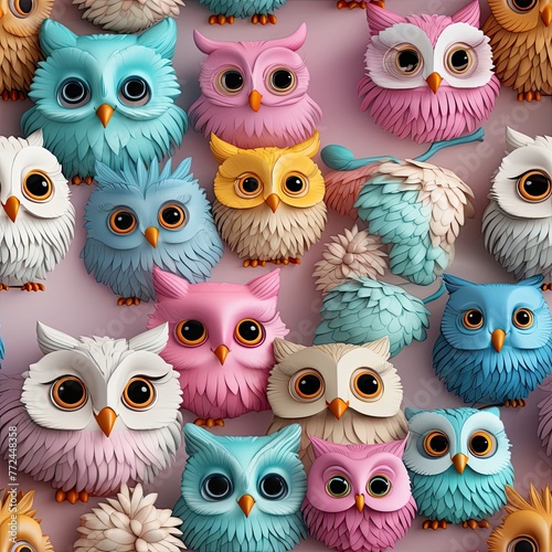Delightful Seamless Pattern of Whimsical D Owl Characters with Expressive Faces and Large Eyes against Soft Pastel Backdrop