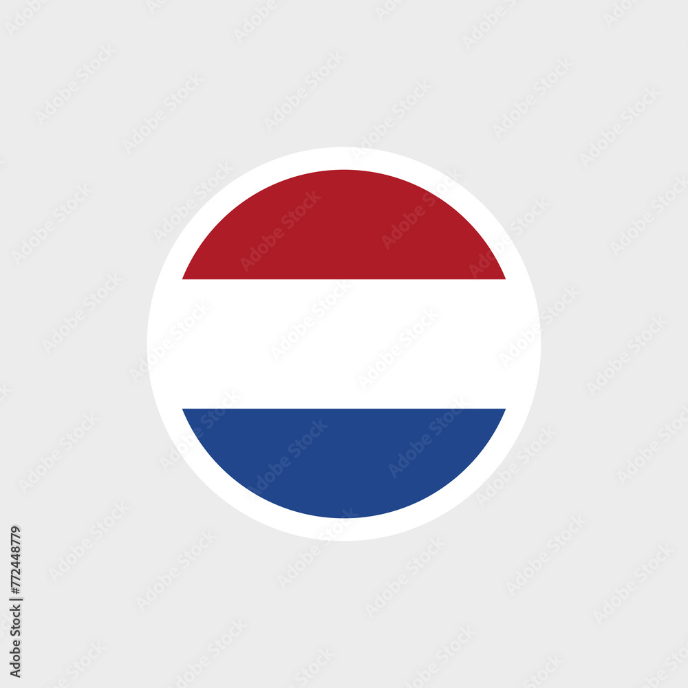 Flag of the Netherlands (Holland) in a round shape. Tricolor: red, white, blue colors. Three horizontal stripes. Isolated vector illustration on gray background. Flag of the Netherlands (Holland) in a round shape. Tricolor: red, white, blue colors. Three horizontal stripes. Isolated vector illustration on gray background.