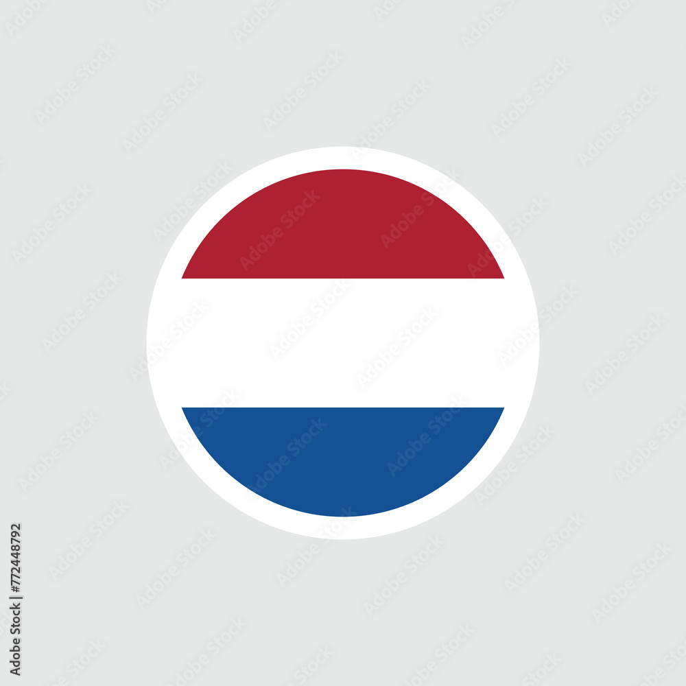 Flag of the Netherlands (Holland) in a round shape. Tricolor: red, white, blue colors. Three horizontal stripes. Isolated vector illustration on gray background. Flag of the Netherlands (Holland) in a round shape. Tricolor: red, white, blue colors. Three horizontal stripes. Isolated vector illustration on gray background.